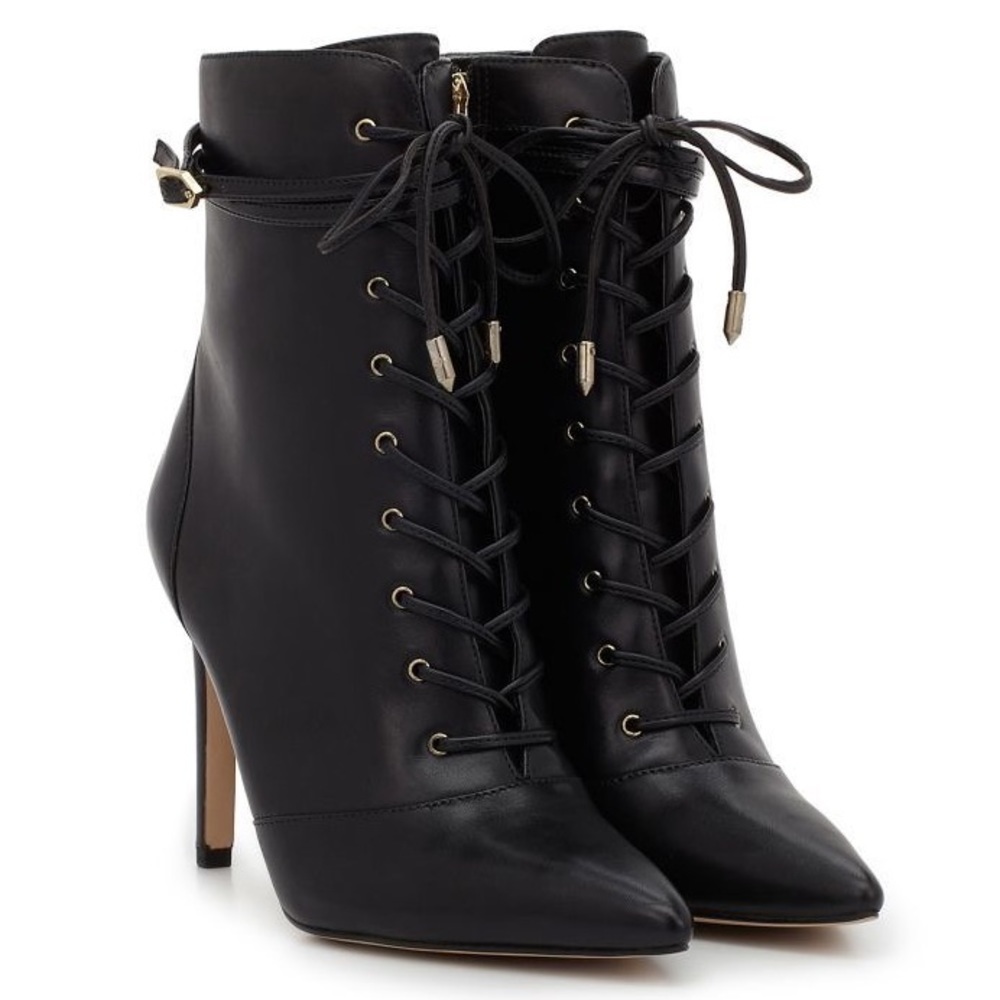 𝅺SAM Edelman Bryton Heeled Lace Up Booties Black Leather Pointed Toe size 8